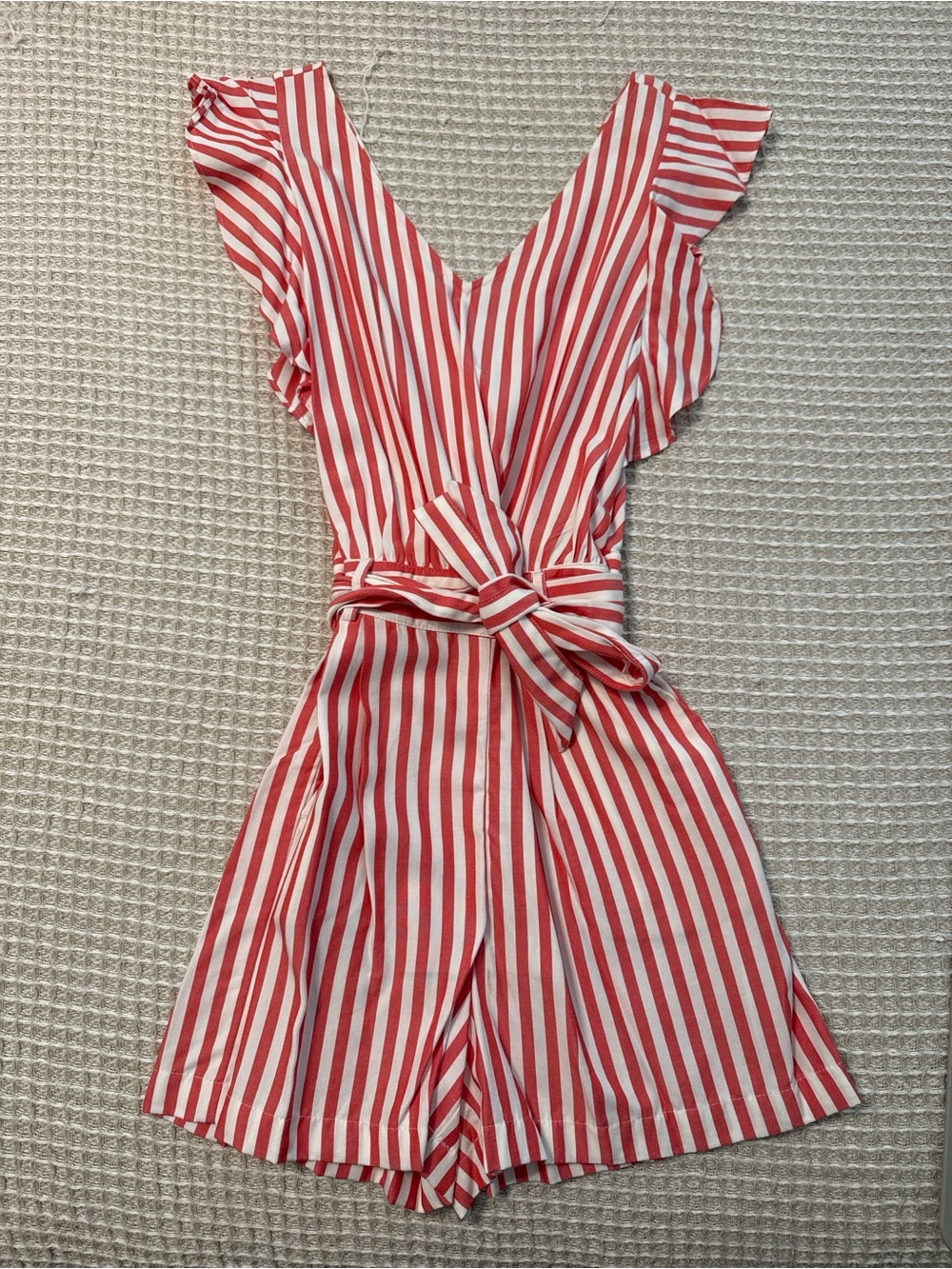 Red and White Striped V-Neck Romper with Tie Waist